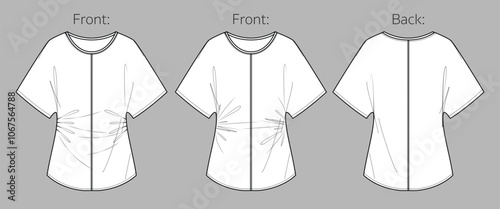 Vector short sleeved blouse fashion CAD, woman jersey top with droped shoulders technical drawing, summer round neck t-shirt sketch, template. Jersey or woven fabric tee, front, back view, white color