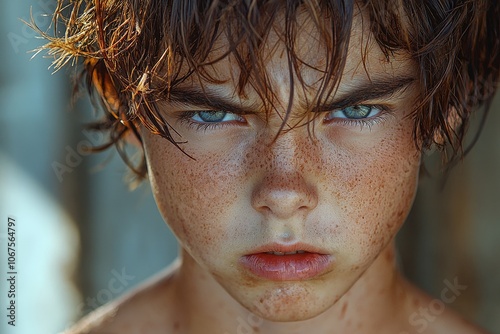 Intense close-up of freckled boy with wet hair and piercing blue eyes photo