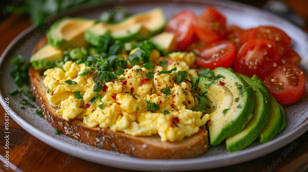 Nutritious Breakfast Platter with Whole Grain Toast, Scrambled Eggs, and Avocado for Healthy Eating Nutritious Breakfast Platter with Whole Grain Toast, Scrambled Eggs, and Avocado for Healthy Eating