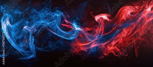 Abstract blue and red smoke swirls on black background.