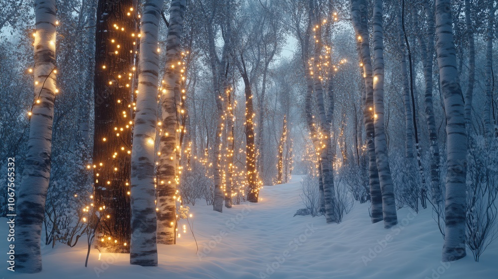 Winter Wonderland: Birch Trees Illuminated with Festive Lights - made with Generative AI