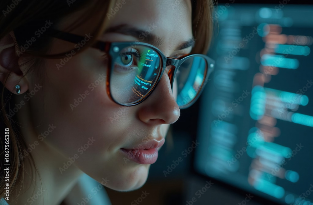 Portrait of young woman in glasses looking at computer screen with binary code Portrait of young woman in glasses looking at computer screen with binary code