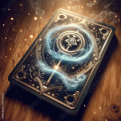 A glowing, ornate, golden card deck with mystical designs and ethereal energy on a wooden table photo