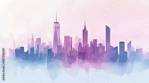 A colorful watercolor skyline of a city.