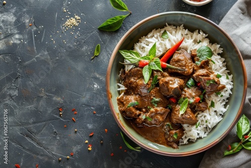 A bowl of Sri Lankan rice and beef curry with pol sambol, copy space for text