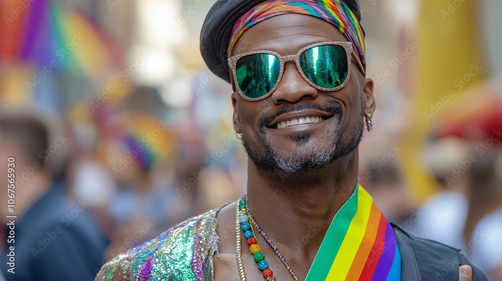 A photorealistic shot of a fabulous man standing proudly at the Chicago Pride festival, wearing a rainbow sash and colorful jewelry. His joyous expression and stylish outfit reflec A photorealistic shot of a fabulous man standing proudly at the Chicago Pride festival, wearing a rainbow sash and colorful jewelry. His joyous expression and stylish outfit reflec