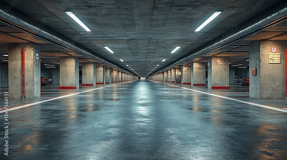 Empty underground parking garage with concrete columns and fluorescent lights. Empty underground parking garage with concrete columns and fluorescent lights.