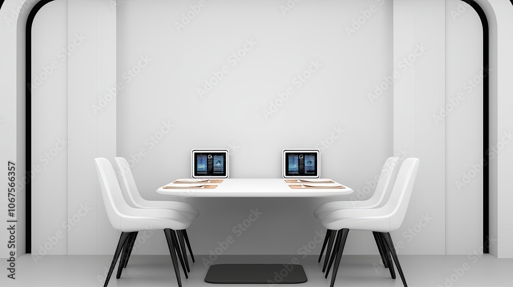 A modern, minimalistic meeting room featuring a white table, four chairs, and two laptops, designed for collaborative work or discussions. A modern, minimalistic meeting room featuring a white table, four chairs, and two laptops, designed for collaborative work or discussions.