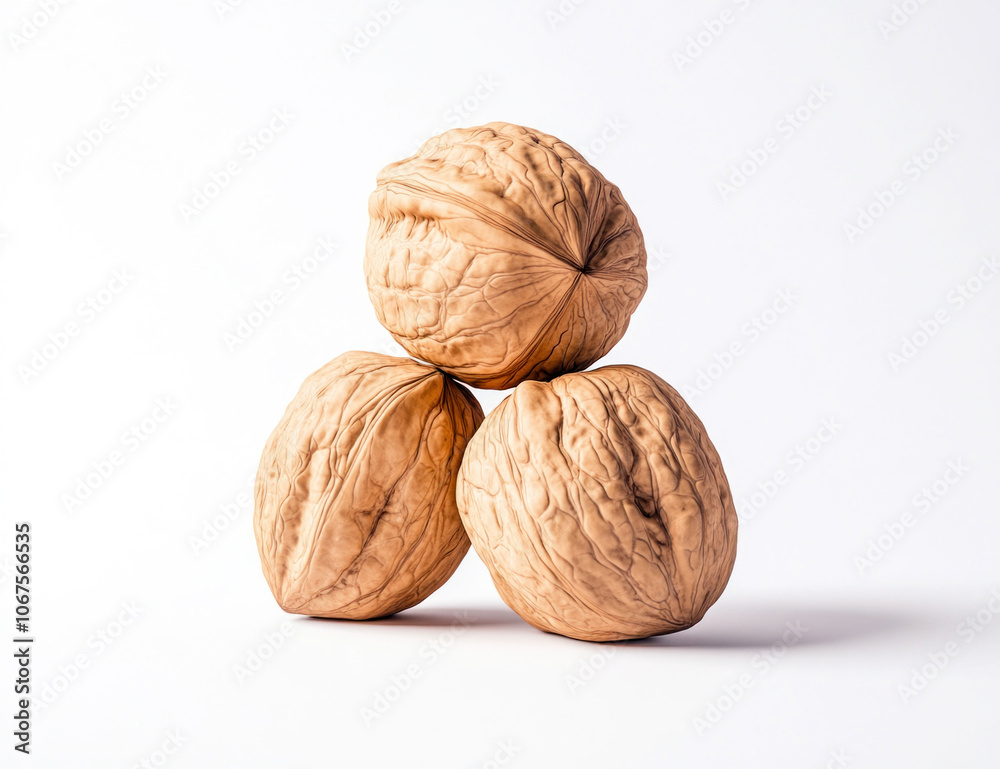 Three Whole Walnuts Stacked on White Background Three Whole Walnuts Stacked on White Background