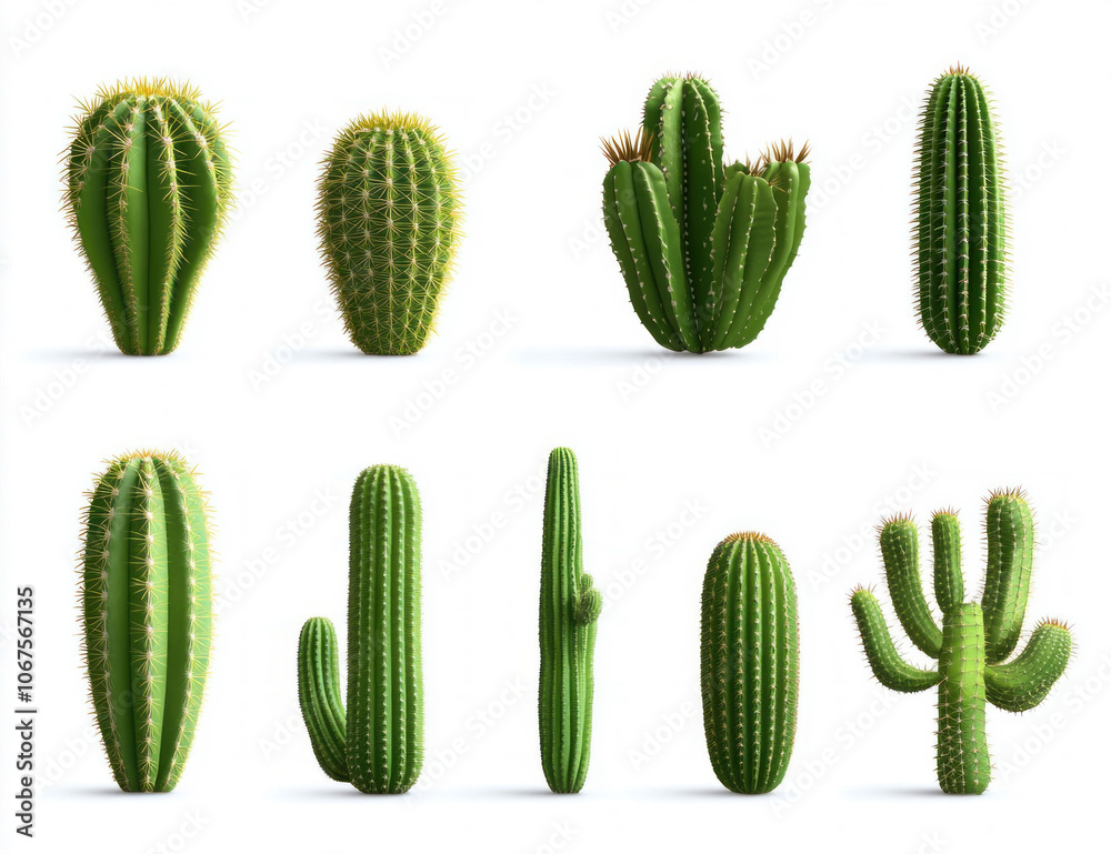Variety of Green Cactus Plants Isolated on White Background Variety of Green Cactus Plants Isolated on White Background