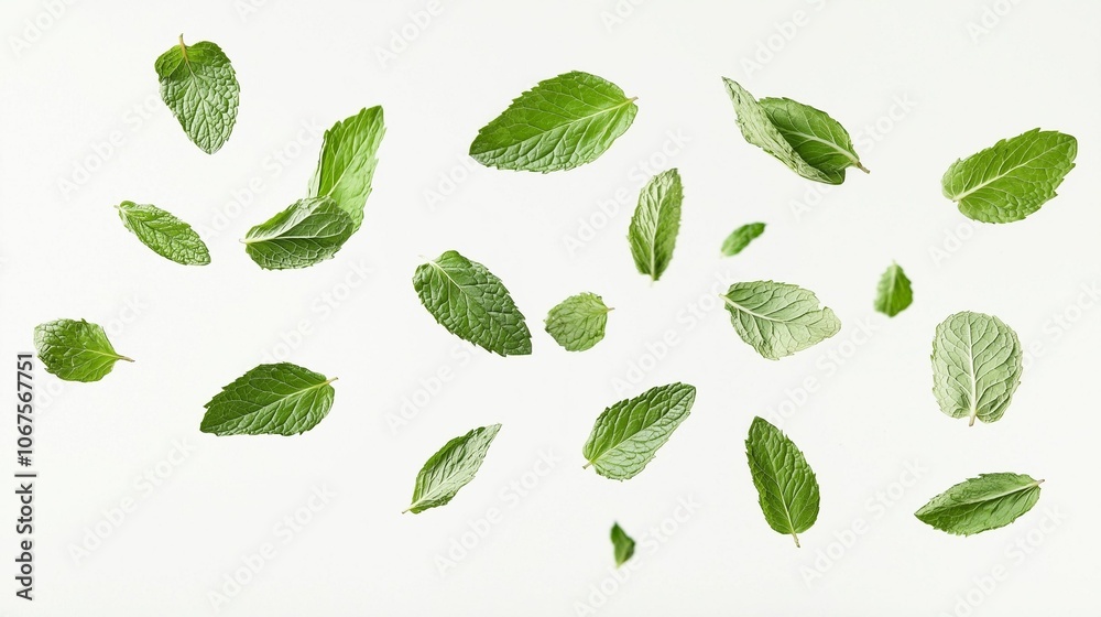 collection of delicious fresh mint leaves flying isolated on white background collection of delicious fresh mint leaves flying isolated on white background