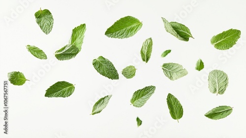 collection of delicious fresh mint leaves flying isolated on white background