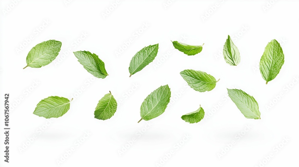 collection of delicious fresh mint leaves flying isolated on white background