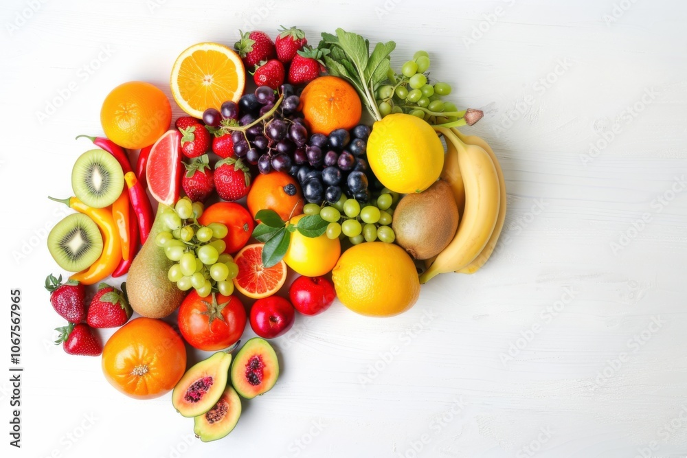 A brain shape composed of different fruits, depicting healthy living and nutrition A brain shape composed of different fruits, depicting healthy living and nutrition