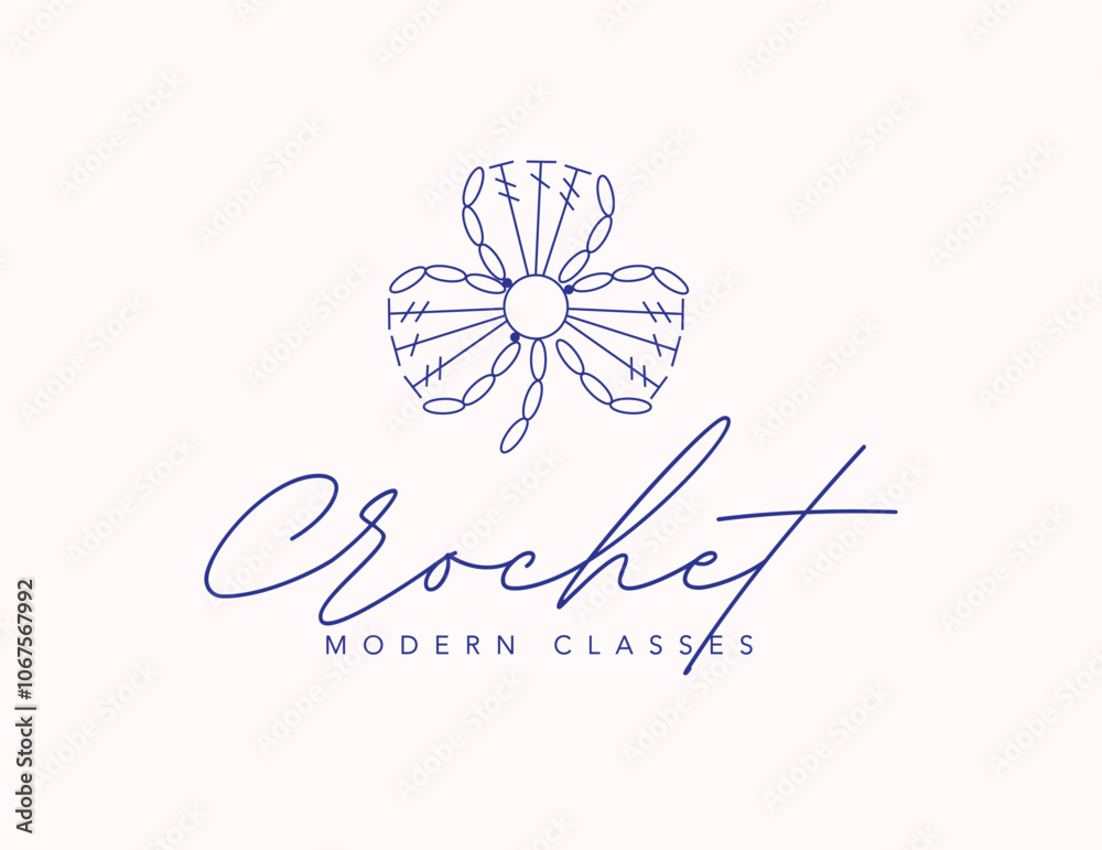 Clover label with inscription crochet modern classes drawing on beige background