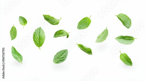 collection of delicious fresh mint leaves flying isolated on white background