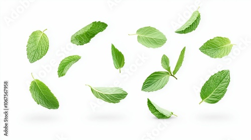 collection of delicious fresh mint leaves flying isolated on white background