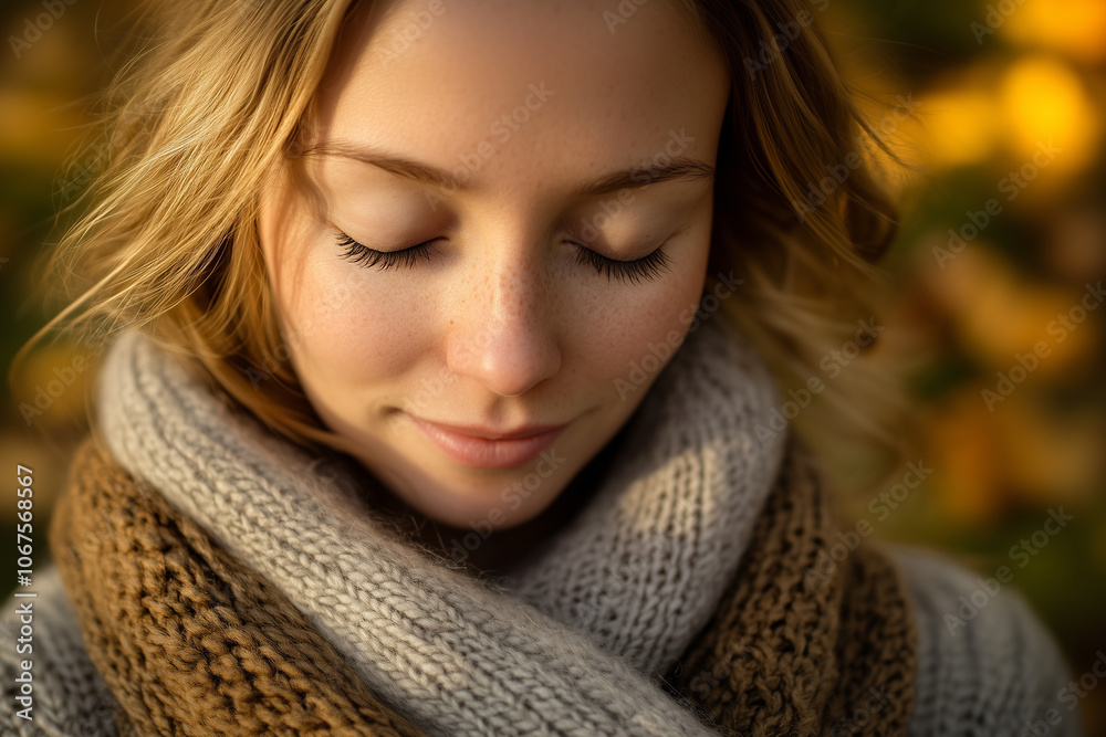 A woman with closed eyes, wrapped in a cozy scarf, surrounded by warm autumn colors. A woman with closed eyes, wrapped in a cozy scarf, surrounded by warm autumn colors.