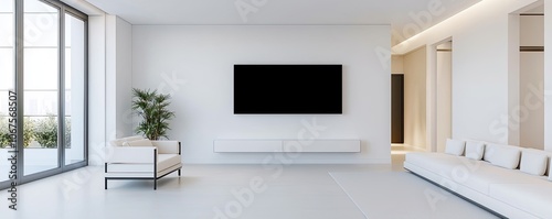A minimalistic living room featuring a large TV, modern furniture, and ample natural light from floor-to-ceiling windows.