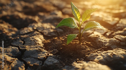 Green plant sprouting from dry cracked earth in a desert

 photo