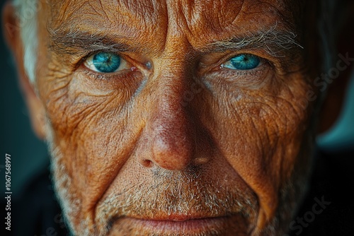 Intense gaze of elderly man with blue eyes and weathered skin