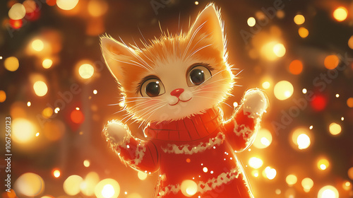 Cute Kitten in Holiday Outfit Surrounded by Shimmering Lights