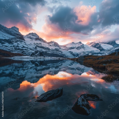 Scenic view of snowcapped mountains and lake at sunset