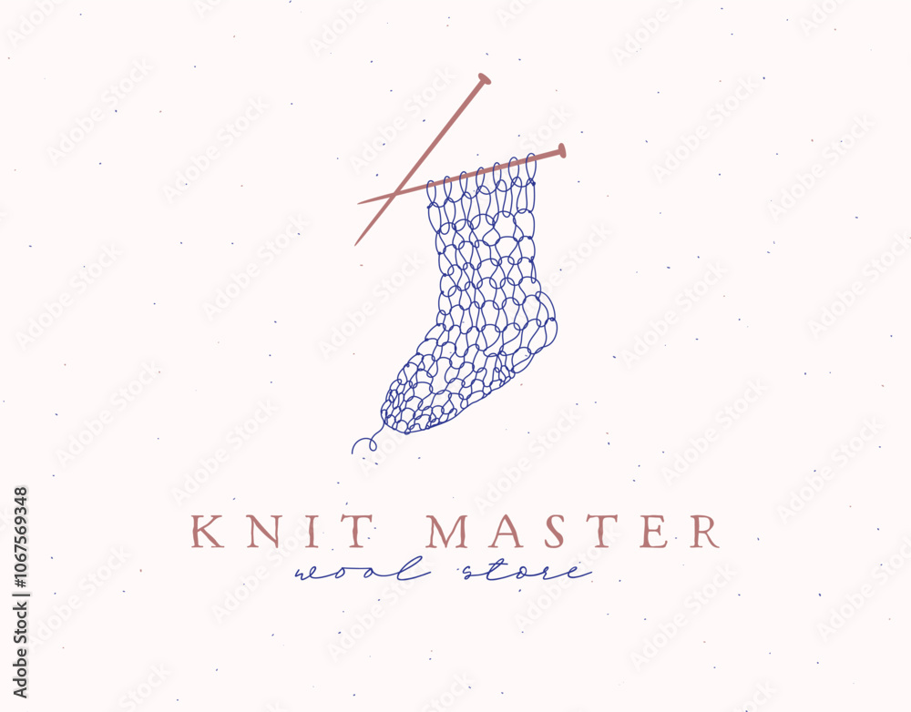 Knitted sock label with inscription wool store drawing on beige background