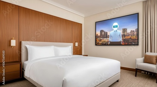 A modern, elegantly designed hotel room featuring a king-size bed, wooden accents, and a large television with a cityscape backdrop.