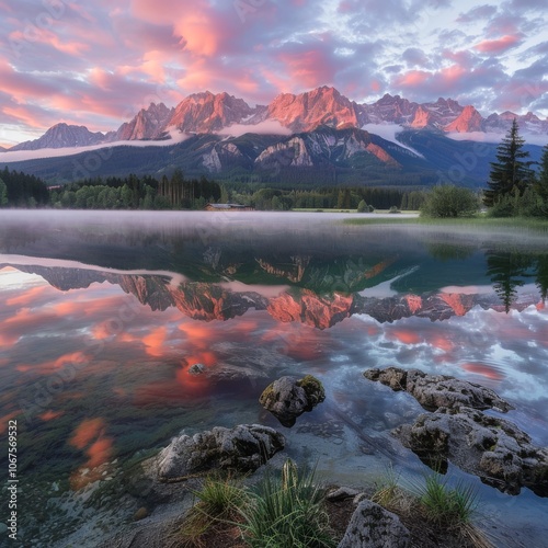 Schiederweiher lake at sunrise with Spitzmauer and Grosser Priel mountains in background  photo