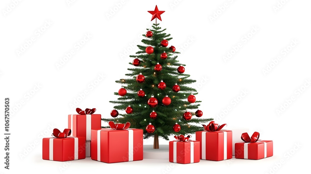 Christmas Tree with Red Ornaments and Wrapped Gifts