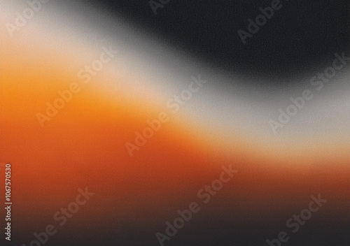 Abstract color gradient background, film grain texture, blurred orange gray white free forms on black, copy space