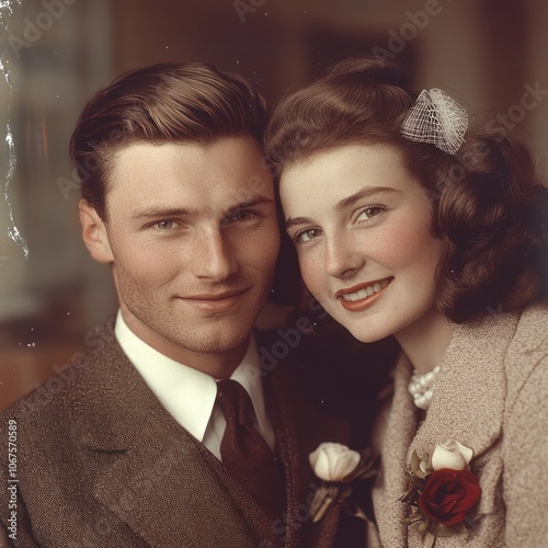 A smiling couple in vintage attire, likely a wedding portrait.