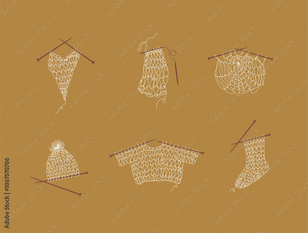 Knitting collection with needles, sweater, sock, hat, napkin, yarn, wool, cap drawing in line art style on mustard color background.