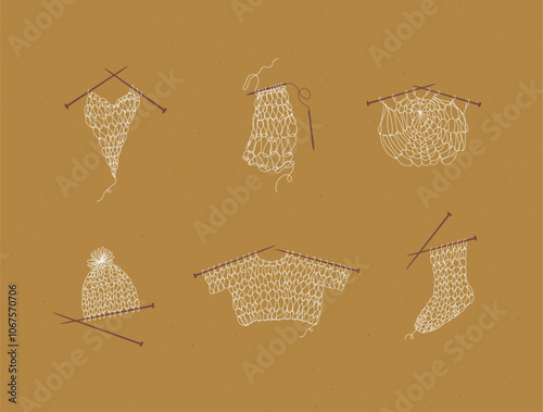 Obraz na płótnie Knitting collection with needles, sweater, sock, hat, napkin, yarn, wool, cap drawing in line art style on mustard color background. w salonie