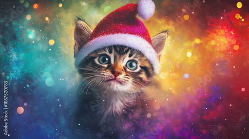 Adorable Baby Cat in Christmas Hat with Playful Expression