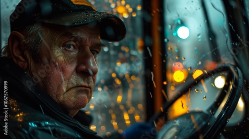 The bus driver concentrates on the road while rain creates a blurred backdrop of city lights