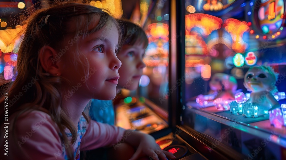 Two children are intently watching bright arcade machines filled with lights and stuffed toys Two children are intently watching bright arcade machines filled with lights and stuffed toys