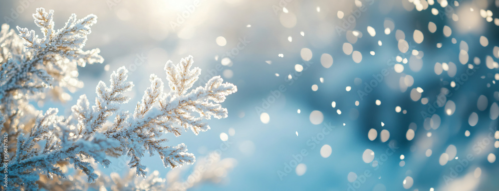 Branch of snowy green spruce, Christmas tree on blue background with snowfall. Winter template, banner concept for Christmas, New Year and sale season. Web card and backdrop with space for text Branch of snowy green spruce, Christmas tree on blue background with snowfall. Winter template, banner concept for Christmas, New Year and sale season. Web card and backdrop with space for text