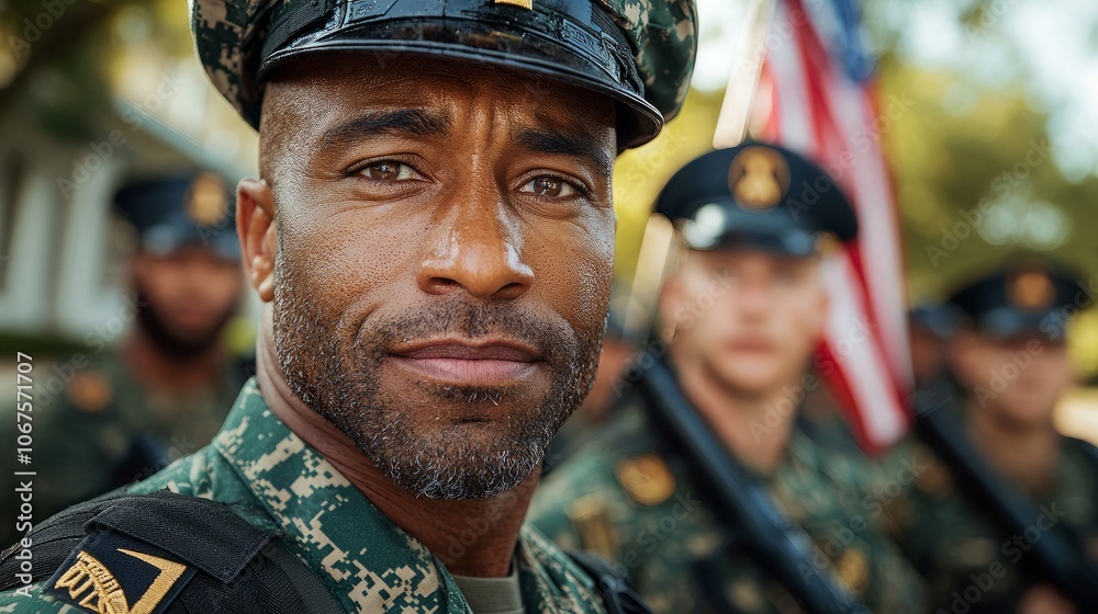 A close-up portrait of a military man in uniform, with a determined expression. The American flag is visible in the background. A close-up portrait of a military man in uniform, with a determined expression. The American flag is visible in the background.