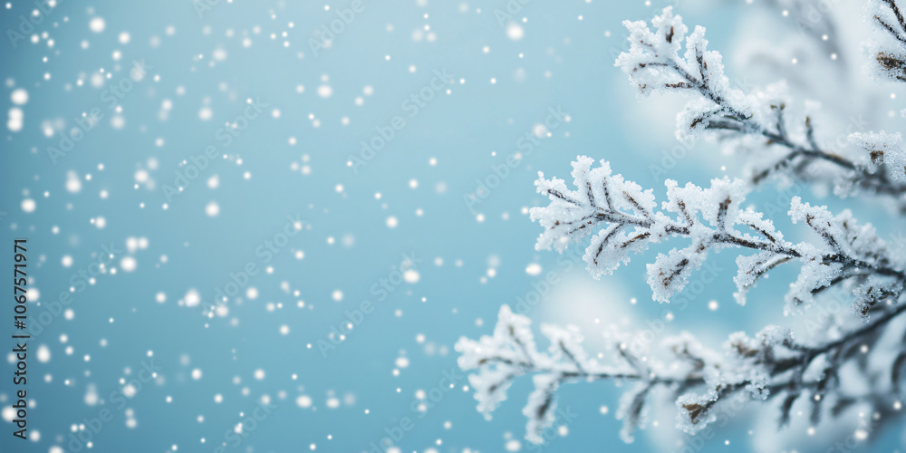 Branch of snowy green spruce, Christmas tree on blue background with snowfall. Winter template, banner concept for Christmas, New Year and sale season. Web card and backdrop with space for text Branch of snowy green spruce, Christmas tree on blue background with snowfall. Winter template, banner concept for Christmas, New Year and sale season. Web card and backdrop with space for text