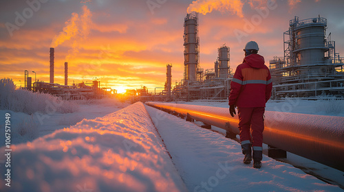 Wallpaper Mural A worker in winter gear walks through a snowy landscape toward a refinery at sunset, highlighting industrial activity in a serene, cold environment. Torontodigital.ca