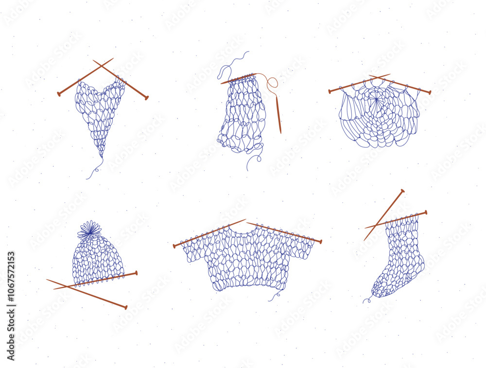 Knitting collection with needles, sweater, sock, hat, napkin, yarn, wool, cap drawing in line art style on white color background.
