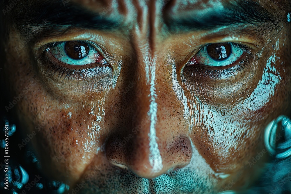 Intense gaze of a water-drenched face with reflective eyes