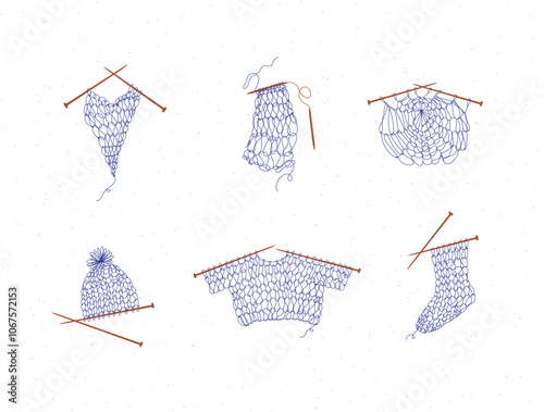 Obraz na płótnie Knitting collection with needles, sweater, sock, hat, napkin, yarn, wool, cap drawing in line art style on white color background. w salonie