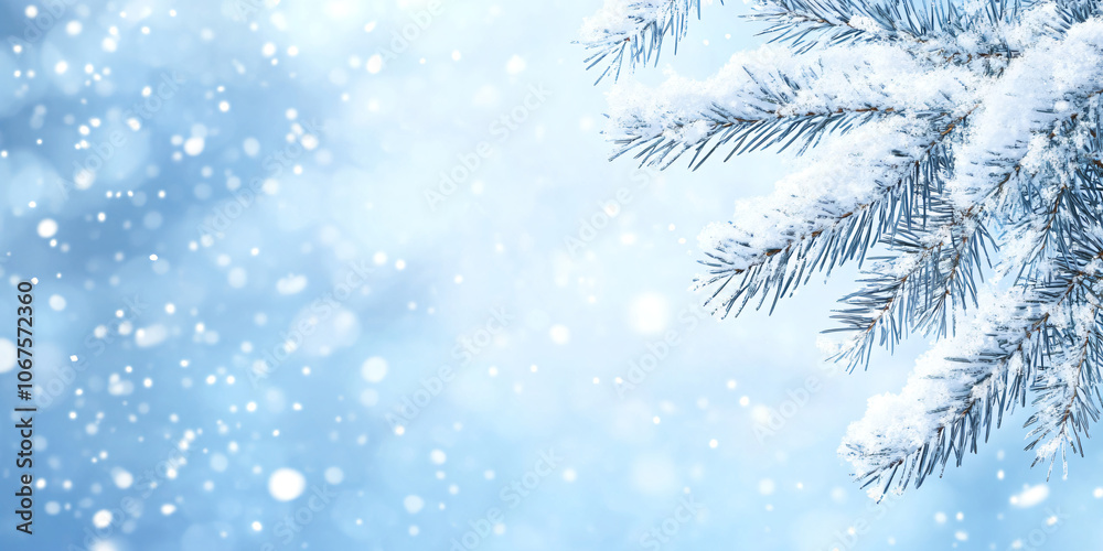 Branch of snowy green spruce, Christmas tree on blue background with snowfall. Winter template, banner concept for Christmas, New Year and sale season. Web card and backdrop with space for text Branch of snowy green spruce, Christmas tree on blue background with snowfall. Winter template, banner concept for Christmas, New Year and sale season. Web card and backdrop with space for text