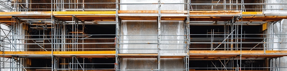 Complex scaffolding on building for construction work Complex scaffolding on building for construction work
