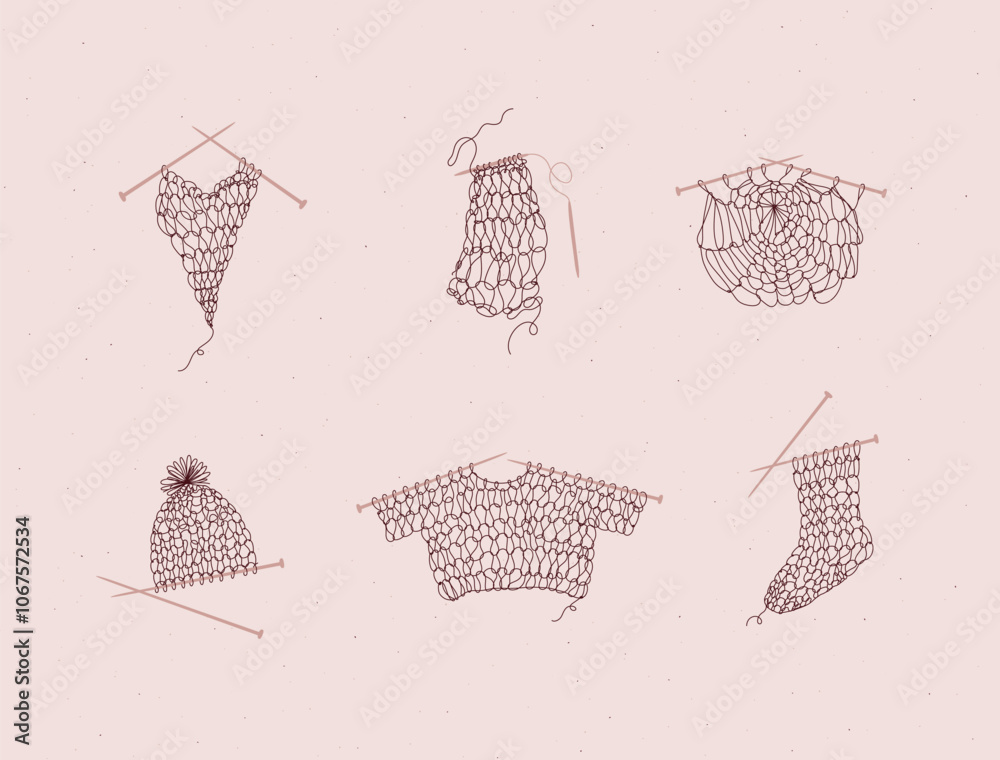 Knitting collection with needles, sweater, sock, hat, napkin, yarn, wool, cap drawing in line art style on pink color background.