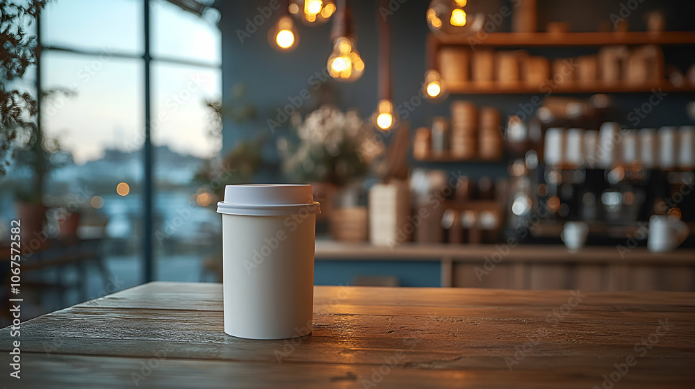 A cozy café scene featuring a paper coffee cup on a wooden table, with ambient lighting and a blurred background of shelves and greenery.