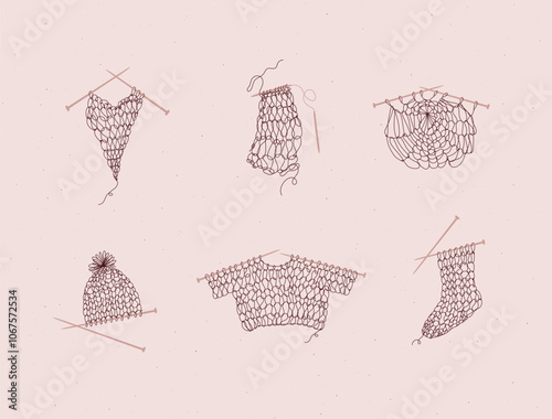 Obraz na płótnie Knitting collection with needles, sweater, sock, hat, napkin, yarn, wool, cap drawing in line art style on pink color background. w salonie
